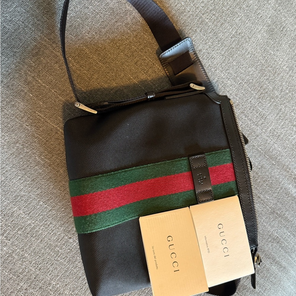 Gucci Black and Green Messenger Bag with Signature Stripe